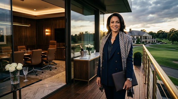 Power portrait on private club terrace, Gucci blazer, Patek