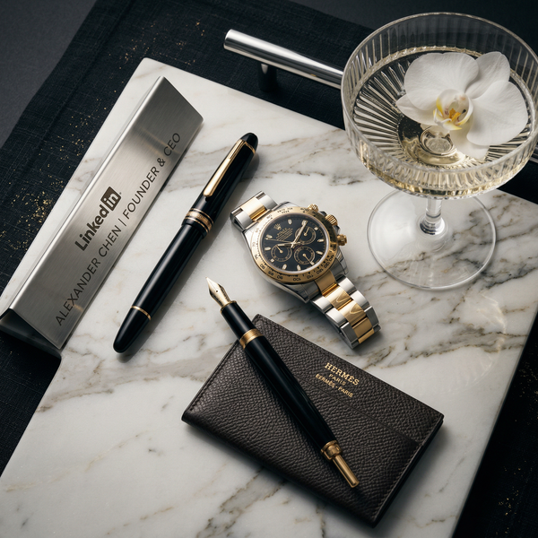 Overhead luxury detail: Rolex on Calacatta marble, Hermès card