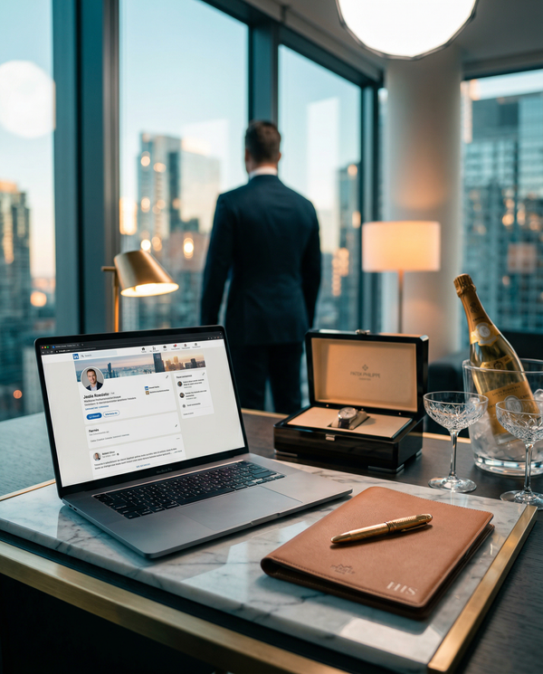 Marble desk LinkedIn workspace, MacBook Pro, Hermès folio