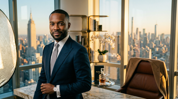 CEO LinkedIn headshot in penthouse office, Tom Ford suit