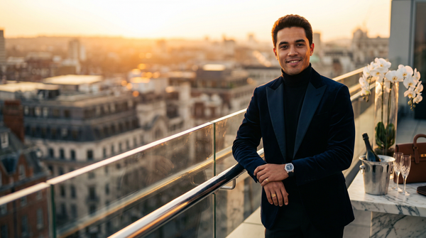 Golden hour terrace headshot, Gucci jacket, Patek watch