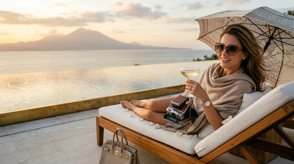 Golden hour editorial selfie of woman by Bali infinity pool