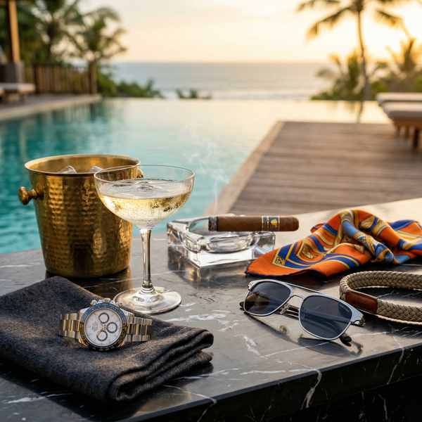 Rolex on marble with Dom Pérignon and cigar detail