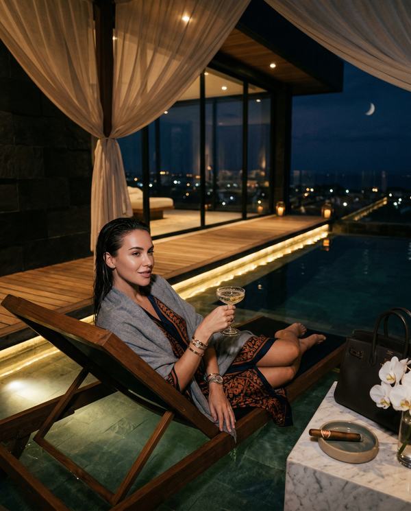 Night penthouse pool portrait with Hermès and Patek