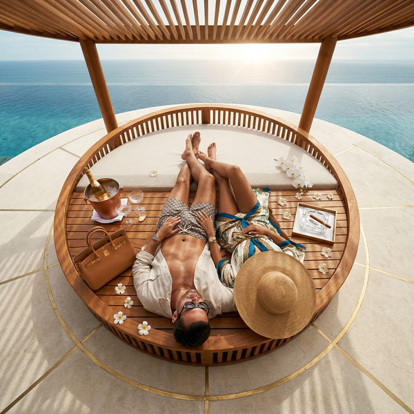 Overhead top-down of couple on Bali daybed with Dom Pérignon