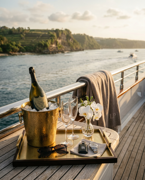 Dom Pérignon in ice bucket on yacht railing off Bali