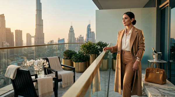 Burj Khalifa penthouse terrace with Brunello Cucinelli-clad woman