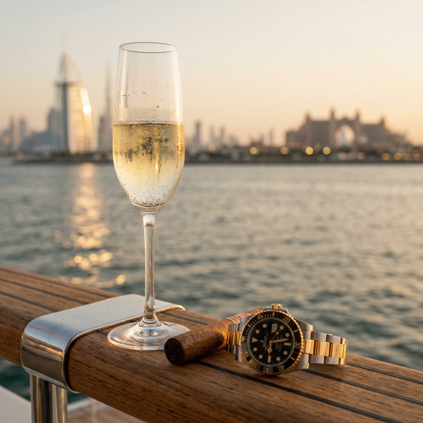 Crystal Champagne on yacht railing with Rolex and cigar detail