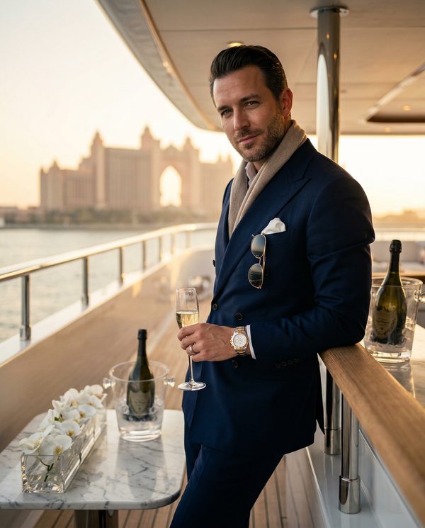 Private yacht portrait at golden hour with Tom Ford-clad man