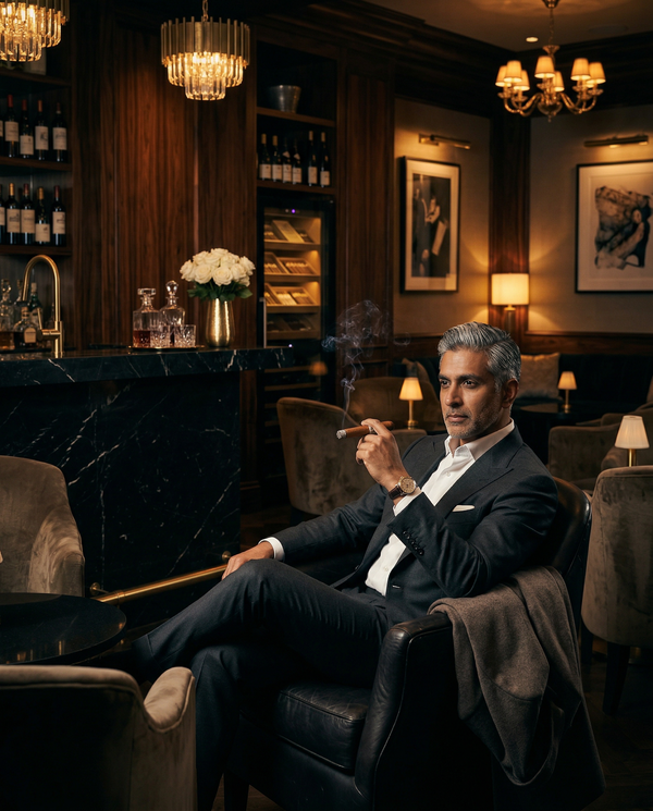 Members-only lounge portrait with Tom Ford-suited man and cigar