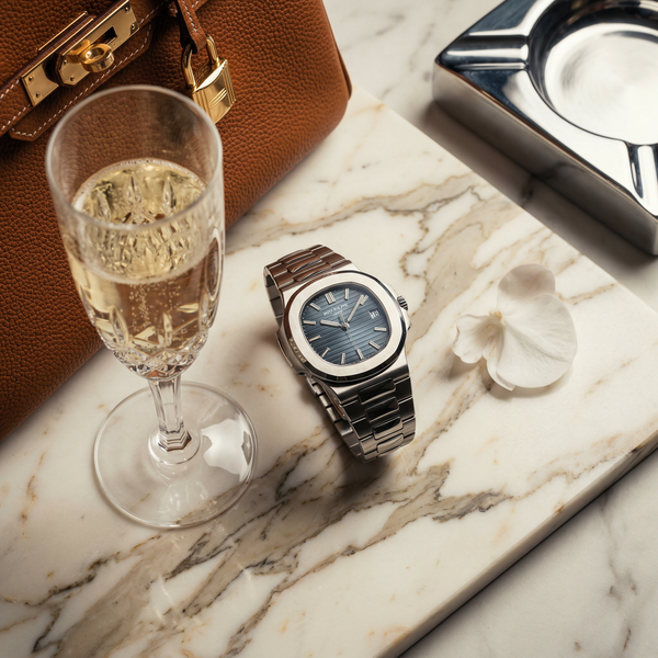 Patek Nautilus on Calacatta marble with Dom Pérignon and Birkin