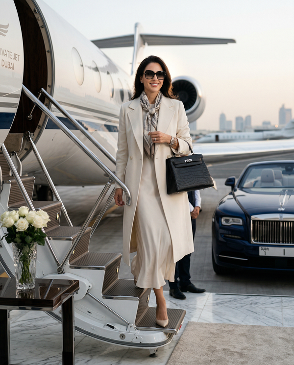 Private jet arrival portrait with Brunello Cucinelli-clad woman