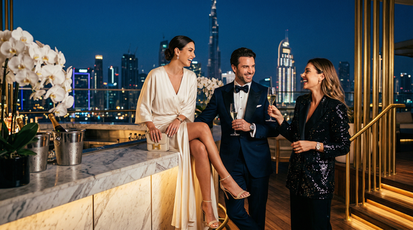 Rooftop night party with Dubai skyline and luxury-clad guests