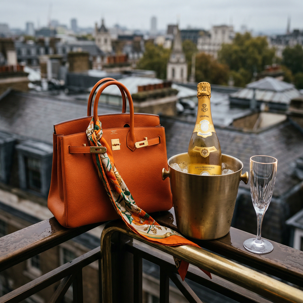Hermès Birkin and Cristal on brass balcony with London bokeh