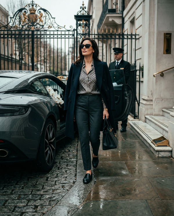 Arrival at London townhouse with Aston Martin and Tom Ford coat