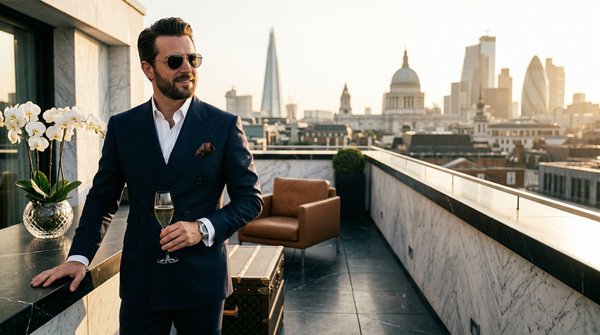 Golden hour London terrace with wealthy man and skyline
