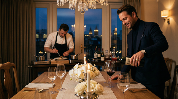 Private dining in London townhouse with Brunello Cucinelli host pouring wine
