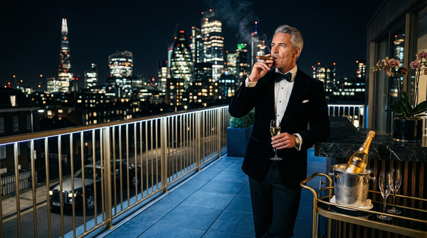 Low-angle nighttime rooftop tux portrait with Cristal champagne