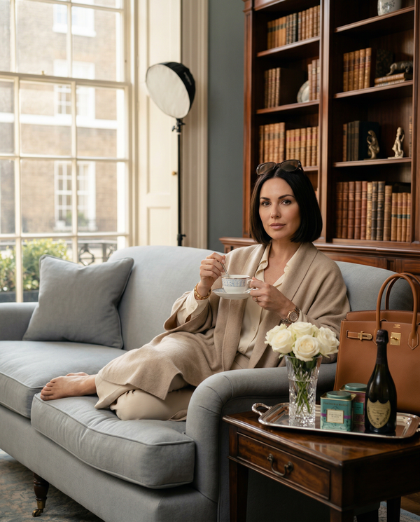 Portrait in London townhouse sitting room with cashmere and Birkin