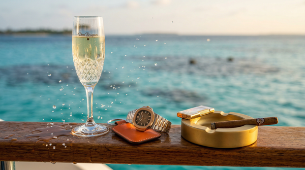 Dom Pérignon flute and Patek watch on yacht railing detail
