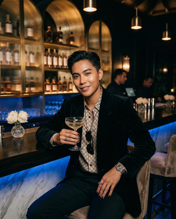 Member's cocktail bar portrait at Maldives clubhouse at night