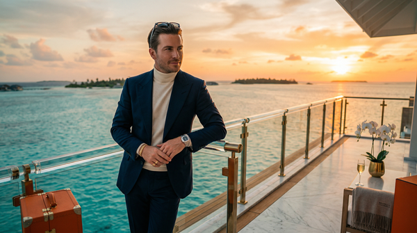 Wealthy man on penthouse terrace at Maldives golden hour