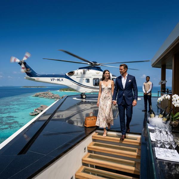 Helipad arrival at Maldives penthouse with private helicopter