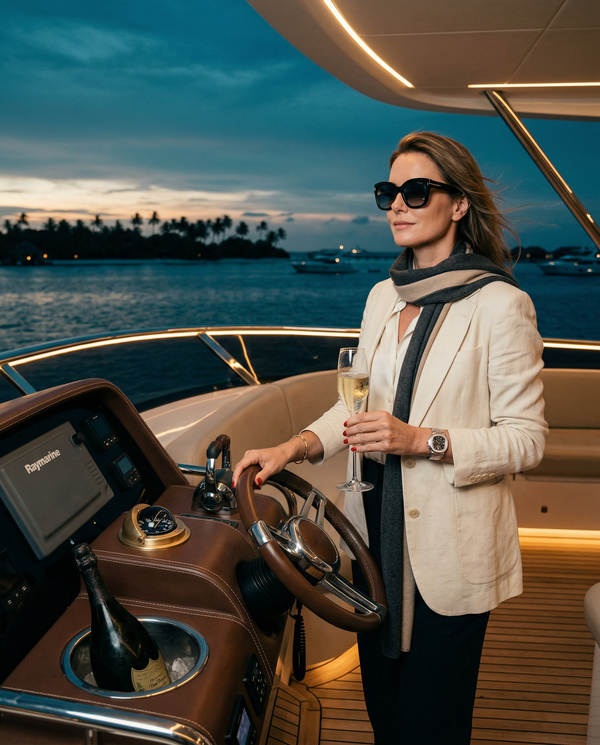Woman commanding private yacht helm at Maldives blue hour