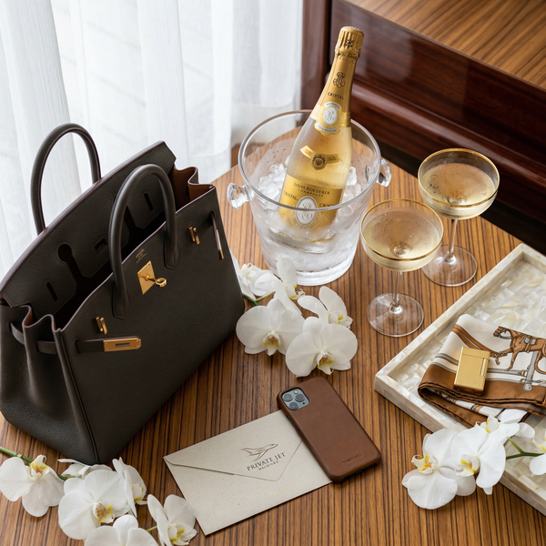 Hermès Birkin and Cristal on teak deck breakfast detail