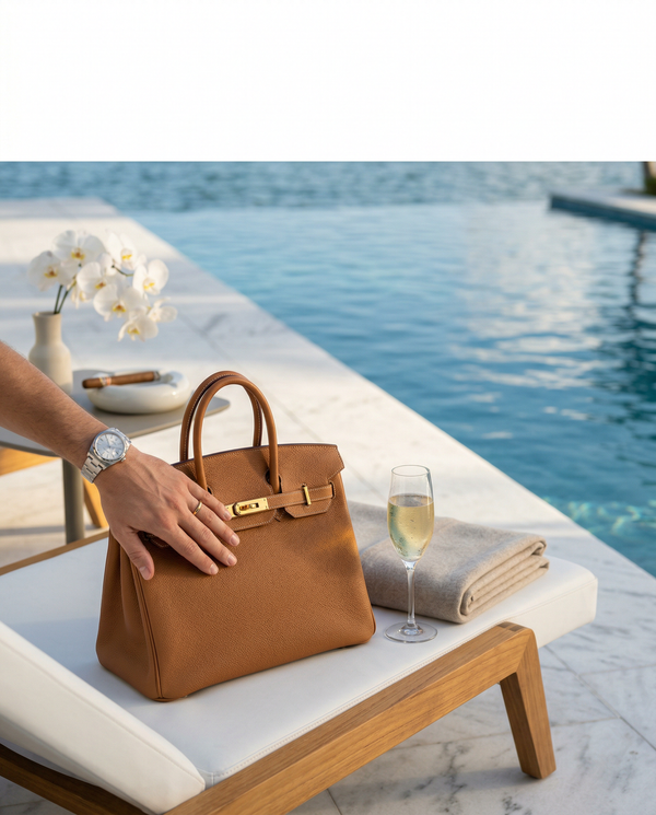 Hermès Birkin poolside with Rolex and Cristal on Miami terrace