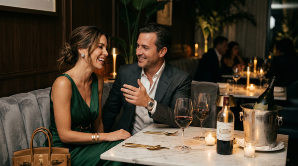 Luxury couple dining at Michelin restaurant with Dom Pérignon in Miami