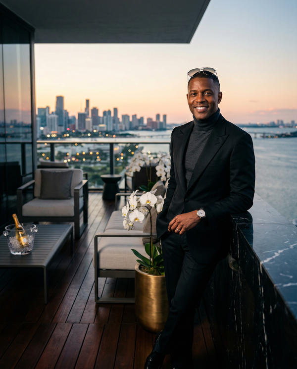 Male executive on Miami penthouse terrace at sunset with Patek Philippe