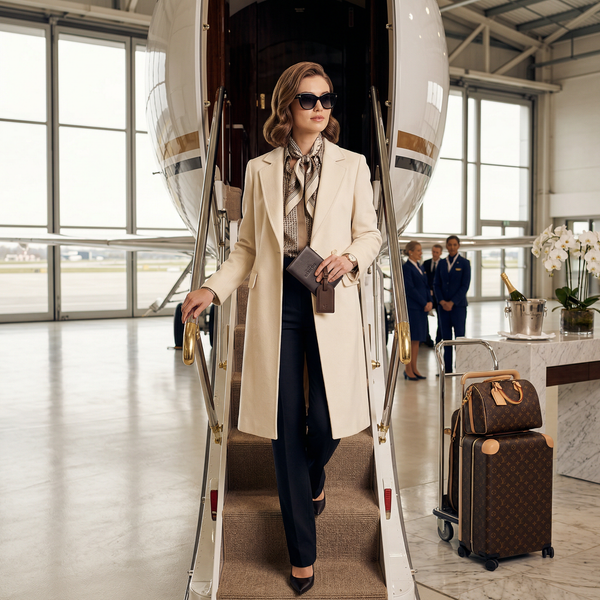 Woman disembarking Global 7500 private jet at Miami terminal morning