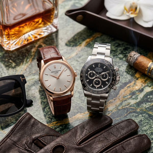 Rolex and Patek on Verde Alpi marble with Hermès gloves and cigar