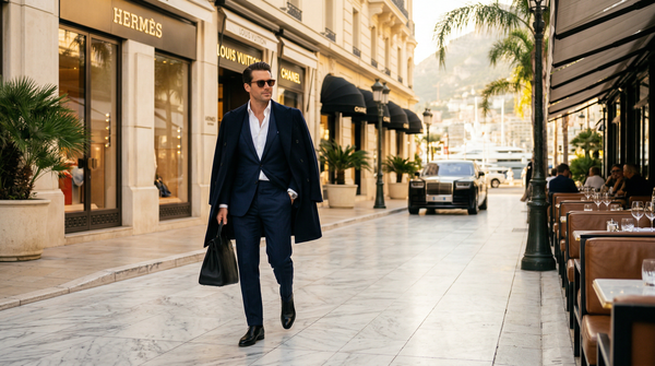 Monaco avenue golden hour Tom Ford suit luxury stroll