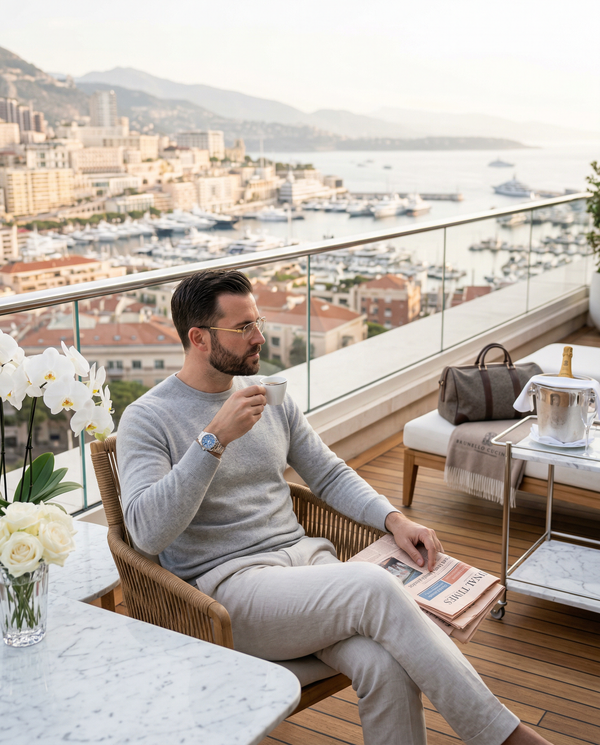 Monaco penthouse terrace morning espresso Loro Piana Rolex