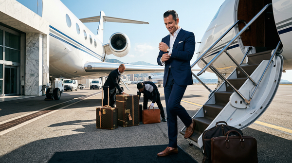 Private jet arrival Monaco Tom Ford suit Louis Vuitton trunks