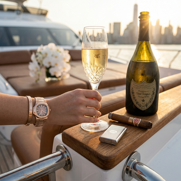 Champagne flute on yacht railing, Dom Pérignon, Patek detail