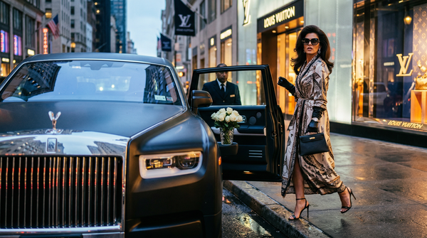 Fifth Avenue dusk arrival, Gucci coat, Rolls-Royce, Nautilus