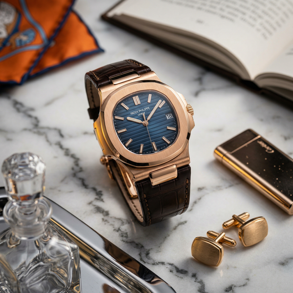 Patek Nautilus on white marble with gold cufflinks detail