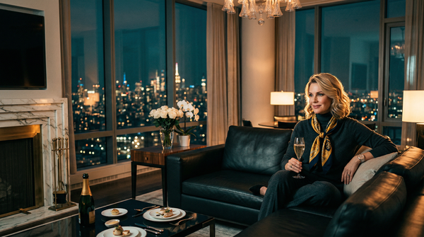 Penthouse living room night, Loro Piana cashmere, Cristal champagne