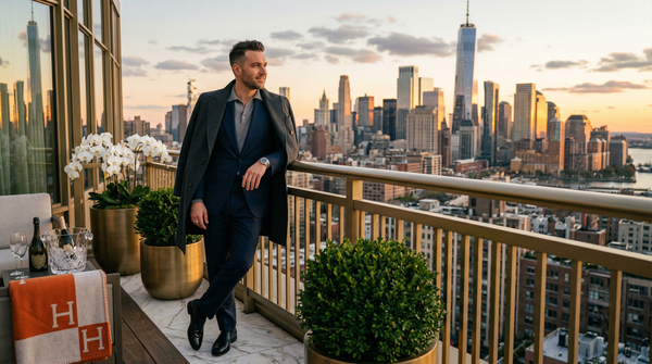 Penthouse terrace golden hour, Tom Ford suit, Manhattan skyline