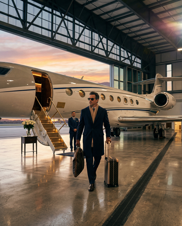 Private jet hangar golden hour, Tom Ford overcoat, Louis Vuitton luggage