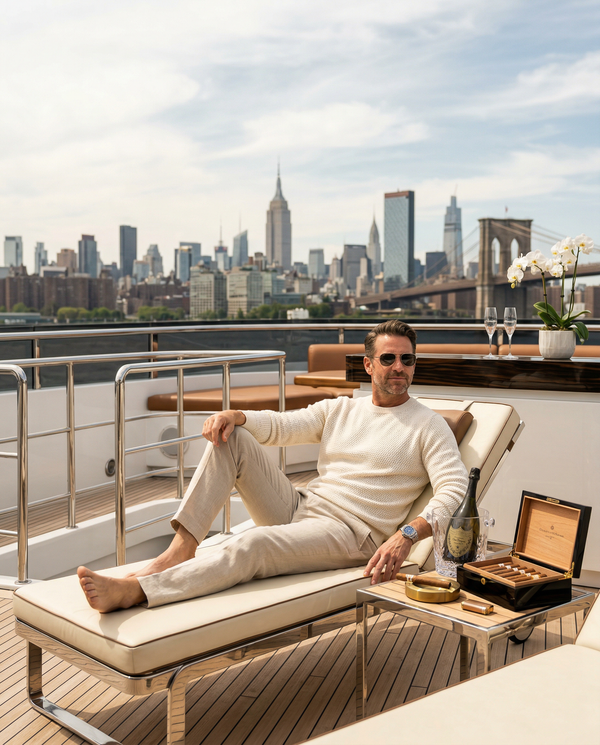 Sunlit yacht lounge midday, Brunello Cucinelli, Dom Pérignon