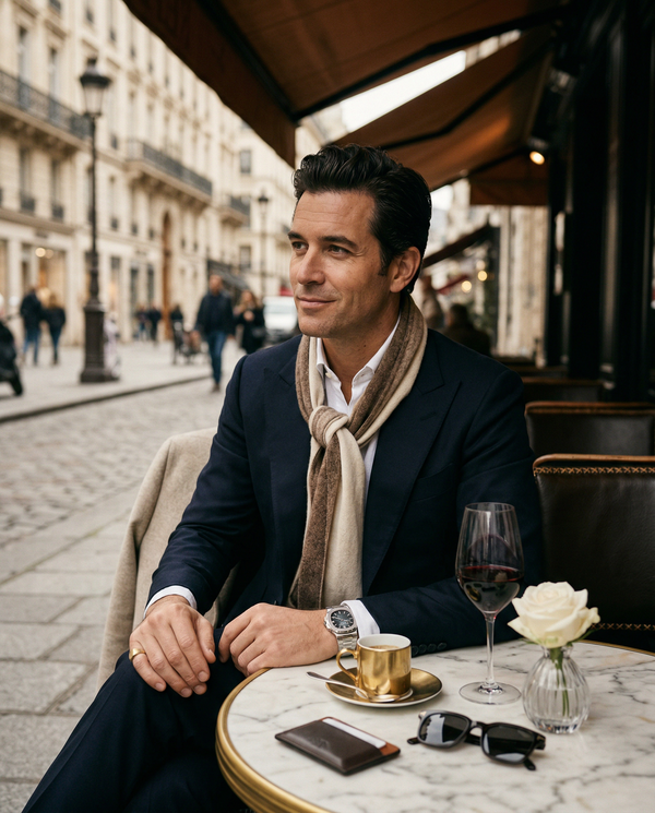 Tom Ford suited man at Left Bank cafe with Patek watch