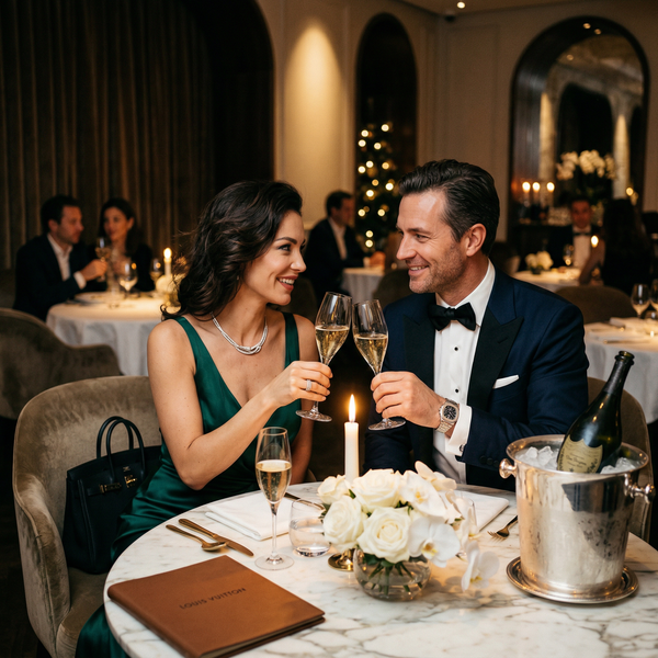 Couple toasting with Dom Pérignon at Michelin table