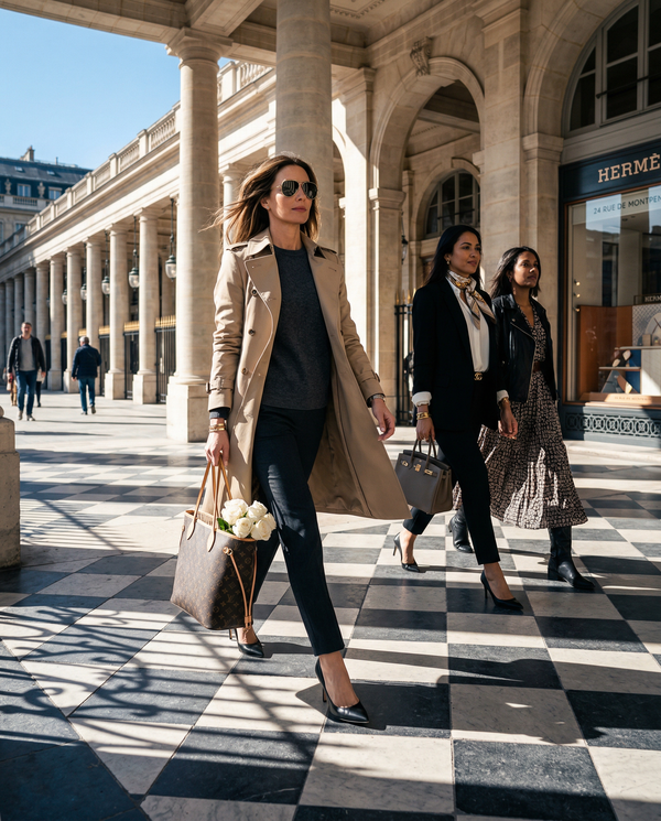 High-fashion women strolling Palais-Royal with Louis Vuitton tote