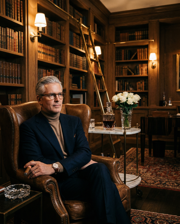 Elegant man in Rive Gauche bookshop with Patek and cigar