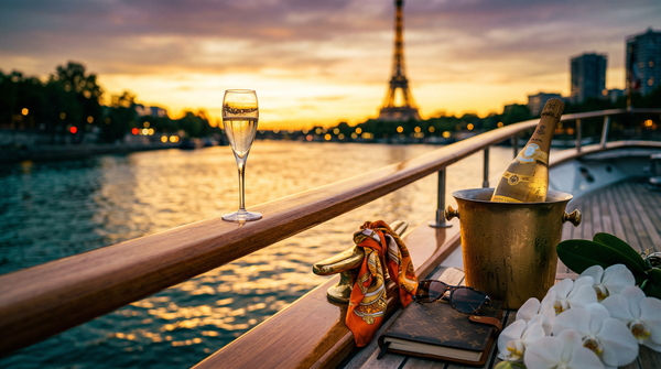 Cristal bottle and flute on yacht railing with Eiffel bokeh