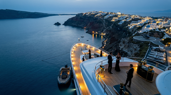 Aerial Santorini caldera with illuminated superyacht at blue hour